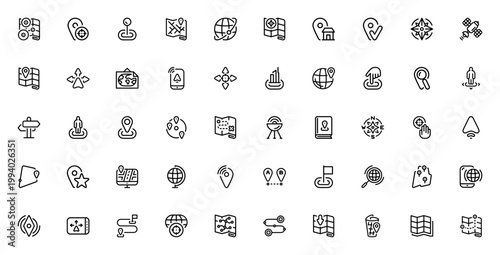 Map and navigation icon set. Vector symbols for GPS, compass, location, pin, marker, globe, direction, tracking and more. Editable stroke.