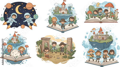 Imaginative storytelling vector illustrations showing children exploring fantasy worlds from open books