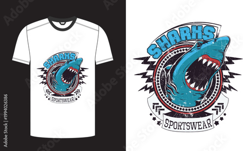 Sportswear tshirt with fierce shark logo design in vibrant colors