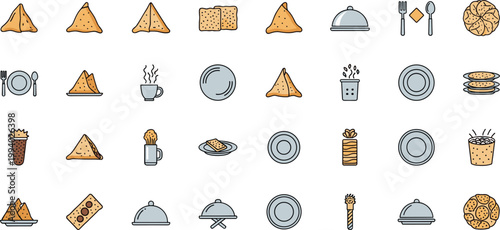 Food icon set vector illustrations showing samosas, plates, cups, trays, and dining elements