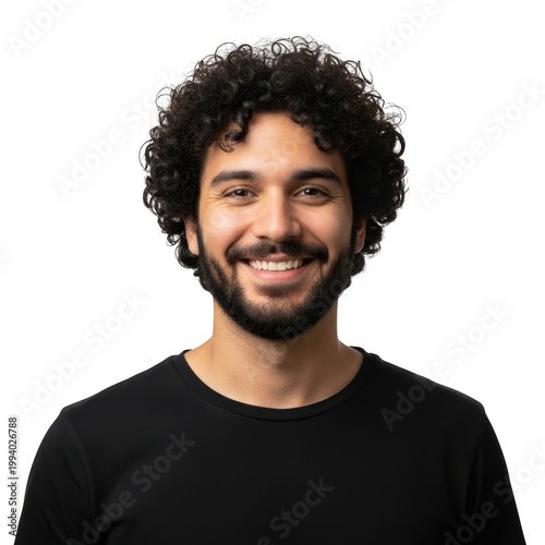 Smiling man with curly hair wearing a black t-shirt portrait style