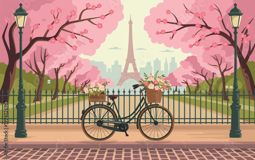 A bicycle stands by a fence with pink blooming trees and Eiffel Tower in Paris park.