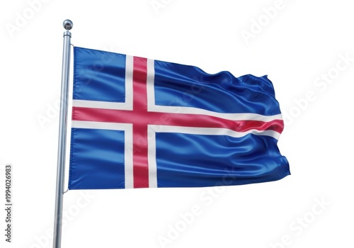 Iceland flag waving on a flagpole, 3d rendering of the national flag of iceland, realistic fabric texture, isolated on white background