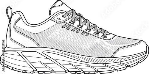 Running sneaker line art illustration with detailed sole structure modern sports footwear design athletic shoe outline