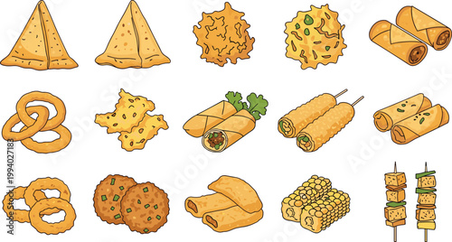 Indian street food vector illustrations showing samosas, pakoras, spring rolls, onion rings, kachoris, bread rolls, corn, and paneer skewers