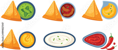 Tortilla chips and dip vector illustrations showing salsa, guacamole, cheese, and sour cream