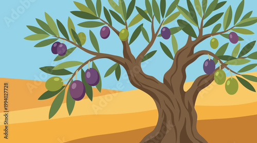 A cartoon olive tree in desert.