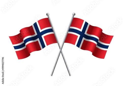 Two crossed norwegian flags on flagpoles, isolated on white background