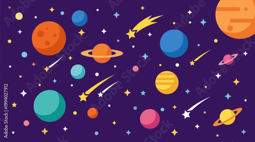 Colorful illustration of planets and stars.