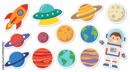 A colorful set of space stickers for kids.