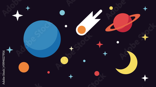 Colorful illustration of planets and stars.