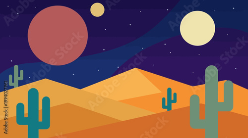 Desert landscape with cacti and planets.