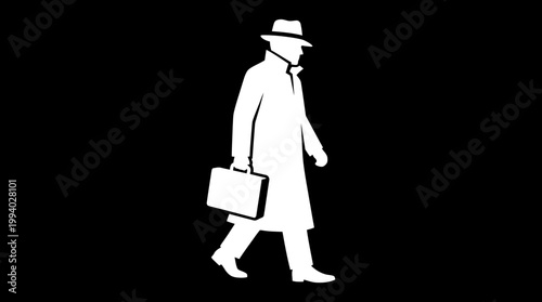 A man in a trench coat walks with briefcase.