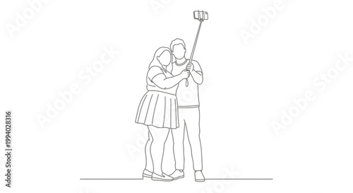 Couple Taking Selfie Together with a Monopod in Outline.
