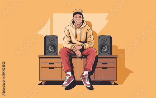 A man sits on a dresser between two speakers wearing a hoodie.