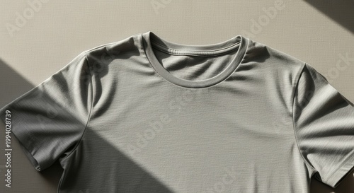 Gray tee shirt lying flat with a shadow cast across it, in simple studio lighting, presented in a minimalist style for fashion or product showcase.