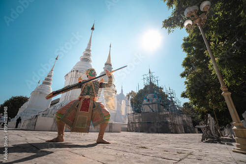 Traditional Thai Masked Dance Drama Performance in Ancient Temple