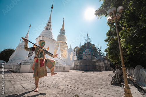 Traditional Masked Dance Performance Near Temple in Thailand