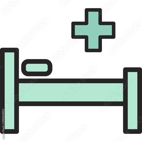 Mint green hospital bed with a medical cross above it, representing inpatient care, hospitalization, patient recovery, medical admission, and clinical treatment facility.