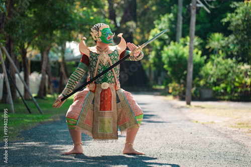 Traditional Thai Masked Dance Performance in Outdoor Setting