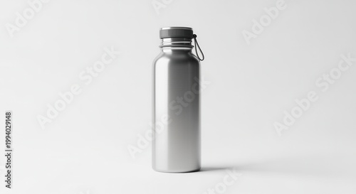 Isolated silver reusable water bottle on white background in studio shot emphasizes eco-friendliness and sustainable living, modern and minimalist lifestyle.