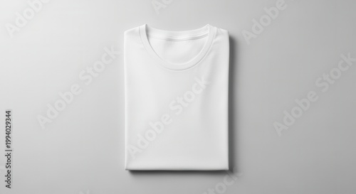 Isolated, folded white t-shirt lies flat on a clean light gray surface. Mockup image is clean, simple, studio style with even lighting. Copy space.