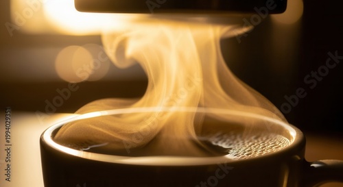 Espresso Machine brewing hot coffee, steaming in dim light, close up, modern photorealism, beverage preparation, caffeine boost, morning routine, kitchen.