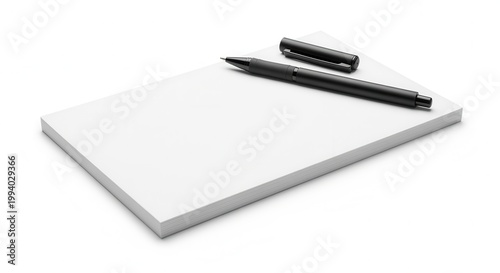 Minimalist stationery flat lay featuring a blank notepad and a pen on a white surface, conveying a sense of simplicity, organization, and creative possibilities.