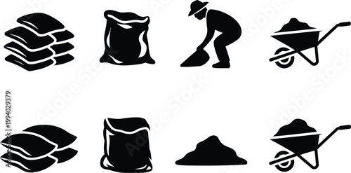 A comprehensive collection of construction materials and tools illustrating various ways to handle and utilize bulk supplies in building and landscaping projects, vector illustration featuring cement 