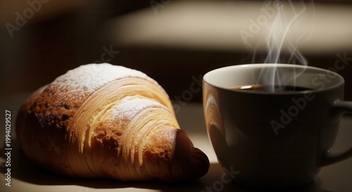 Warm coffee steams beside a powdered sugar croissant on a table, evoking rustic charm and a cozy breakfast in a simple, inviting still life scene.