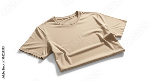 Isolated beige tee on white background. Casual clothing item, stylish apparel. Neutral color, summer wardrobe, fashion minimalist aesthetic, mock up design element.
