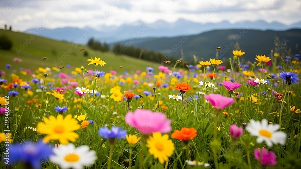 Obraz premium Colorful wildflowers in a field with mountains in the background grass