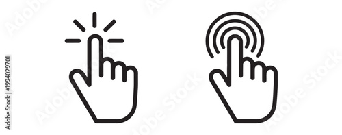Hand cursor click icon set, pointer sign and symbol, computer mouse clicking finger icons, vector elements, editable stroke design
