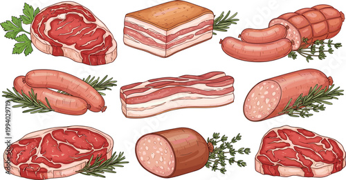 Assorted Meat and Sausage Set with Beef Steak Bacon Salami and Pork Cuts Detailed Food Illustration for Cooking, Butcher Shop, Menu Design, and Realistic Vector Graphics