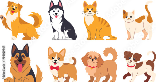 Cute Cartoon Pets Collection Featuring Dogs and Cats Vector Illustration for Pet Lovers and Animal Design