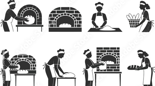 A comprehensive depiction of the bread-making process from dough preparation to baking in a traditional oven and final presentation, vector illustration showing mixing, kneading, proofing, baking, 