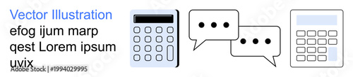 Business strategy, education tools, financial planning, online communication, digital interaction, productivity. Image of calculators and speech bubbles. Financial planning and online communication
