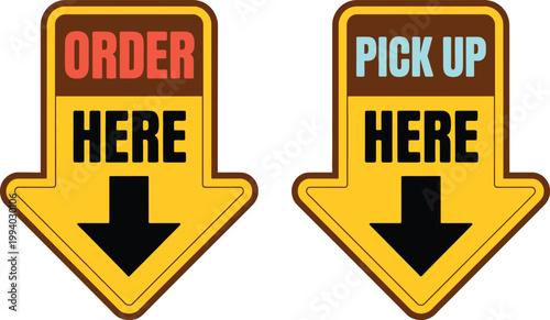 Fotografija Order here and pick up here signs, vector illustration set of retail and restaurant service signage symbols for customer guidance and store navigation design