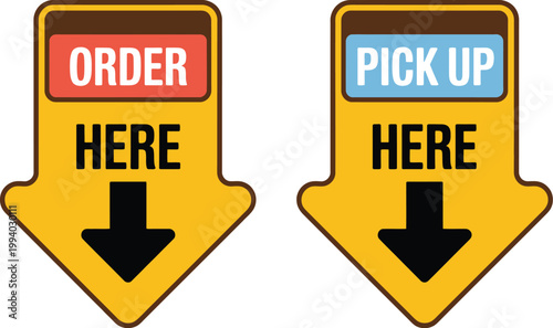 Order here and pick up here signs, minimalist vector graphics of service direction icons for restaurants cafes retail counters and food pickup areas.