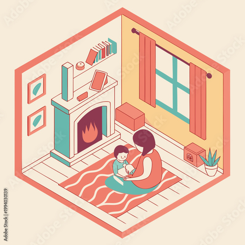 Mother holding her baby on striped rug at home.