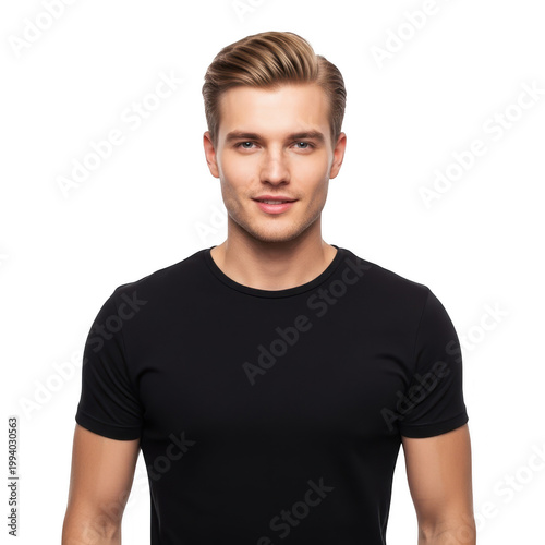 Confident young man in a black t-shirt posing for a portrait
