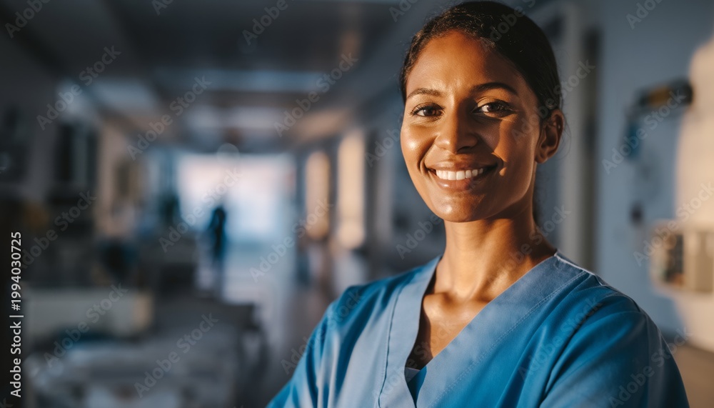 Fototapeta premium Smiling female nurse in blue scrubs standing confidently in modern hospital corridor with soft lighting
