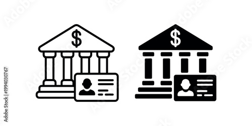 Black and white bank building with identification cards symbol finance money in white background