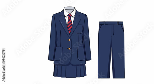 Vector illustration of a full school uniform. Includes a navy blazer, white shirt, striped tie, pleated skirt, and tailored trousers, symbolizing student life