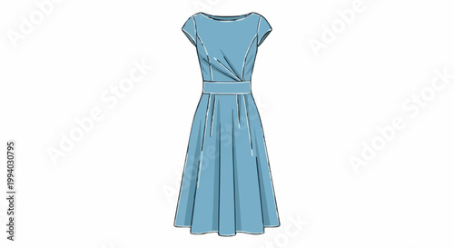 Stylish light blue women's dress illustration with a draped waist and pleated skirt, perfect for casual or semi-formal occasions, showcasing classic fashion design