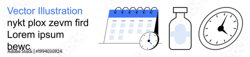 Time management, medical appointments, healthcare planning, vaccination schedules, medication timing, productivity tracking. a calendar, clock medicine bottle and stopwatch. Time management