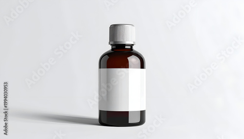 Amber glass bottle with blank label mockup for liquid medicine packaging presentation isolated on white background. Healthcare product container studio shot.
