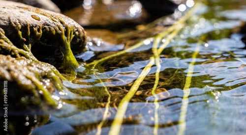 Macro shot of green river algae and aquatic plants flowing in clear rippling water
