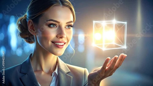 Professional woman presenting a glowing cube, symbolizing innovation and technological advancement.