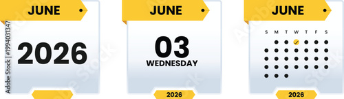 03 June 2026 Date Calendar Illustration Minimal Yellow Planner Icon Event Reminder Daily Schedule Time Concept Organizer Productivity Clean Design Modern Template Appointment Planning Tool
